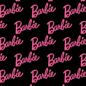 Barbie Fabric: Pink Logo Text, Black Linen-Look Polyester, 44&quot; Wide