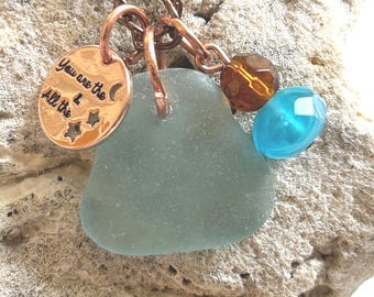 Blue Scottish Beach Glass Necklace - You are the moon and all the stars Charm-Copper Chain