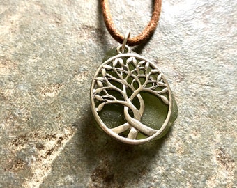 Celtic Tree of Life Necklace With Light Green Scottish Sea Glass,Brown Leather Cord, Adjustable Length, Unisex Jewelry