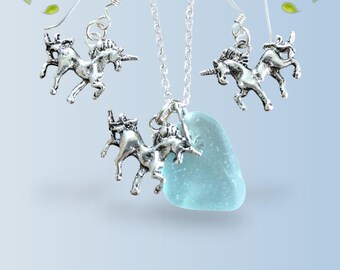 Unicorn Sea Glass Set – Necklace & Earrings – Scotland Beach Glass