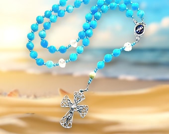 Big Blue Iona Marble Rosary from Scotland-Celtic Cross, Stone Beads, Handmade Scottish Gift
