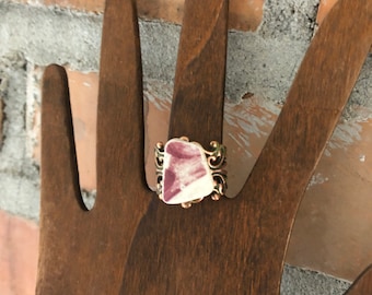 Scottish Sea Pottery Ring: Red White China Shard, Adjustable Copper Band