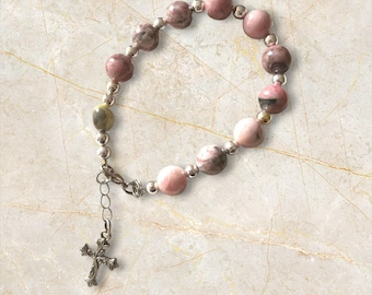 Pink Rhodonite Rosary Bracelet: Scottish Iona Marble and Cross Charm-Relationship Healing Stone