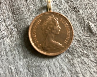 British Jewelry Coin Necklace From Scotland Genuine Two Pence in Copper 1975 Birthday Gift, Anniversary Date, Tuppence Lucky Charm