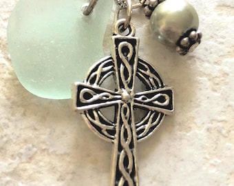 Celtic Cross Necklace with Aqua Scottish Sea Glass & Pearl