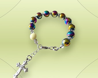 Purple Hematite Rosary Bracelet: Scottish Iona Marble and Cross Charm