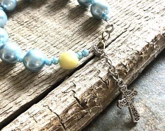 Blue Pearl Rosary Bracelet: Scottish Iona Marble and Cross Charm