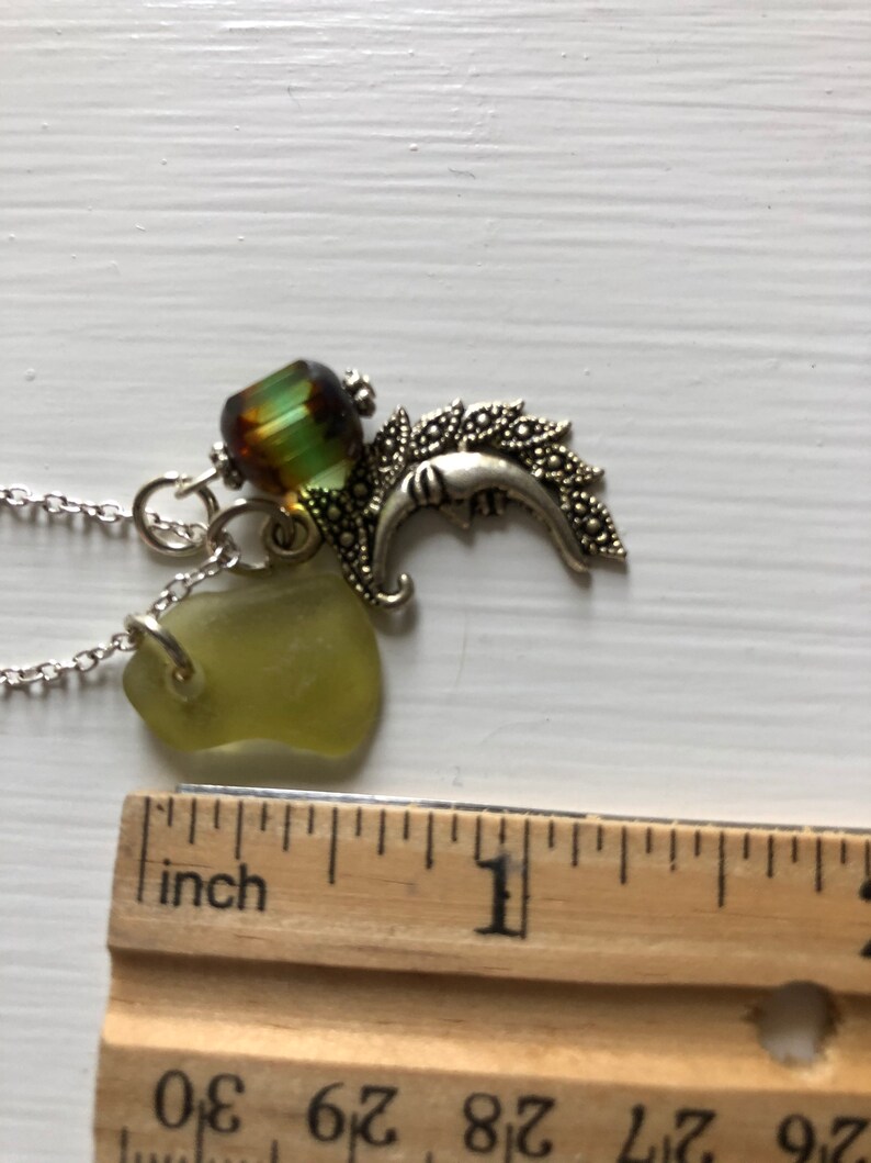 Moon Necklace with Rare Yellow Green Scottish Sea Glass Wicca Jewelry Crescent Moon Charm