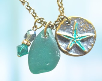 Scottish Sea Glass Necklace – Teal Beads & Starfish Charm, Beachy Gift