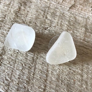 Scottish Sea Glass Stud Earrings – Small White Beach Glass Jewelry – Minimalist Gift