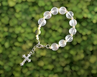 Irish Connemara Marble Rosary Bracelet with Clear Glass and Pearl Beads