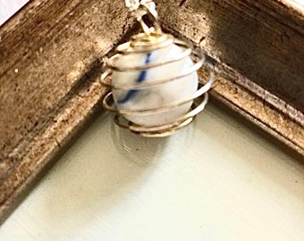 Scottish Blue and White Sea Glass Toy Marble Necklace, Unique Scottish Jewelry, Gift from Scotland, Rare Beach Glass Wire Wrapped