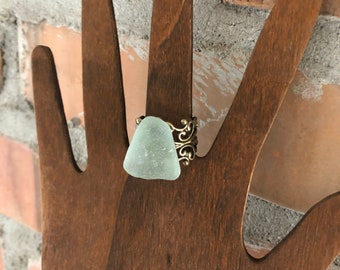 Aqua Scottish Sea Glass Ring, Gold Tone Adjustable Band, seafoam Beach Glass, Jewelry from Scotland