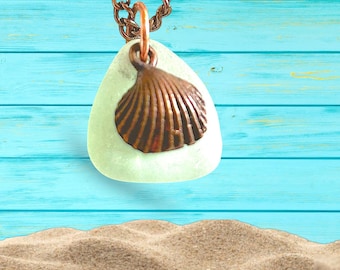 Scottish Sea Glass Necklace: Copper Seashell Charm, Aqua Glass