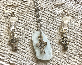 Scotland Sea Glass Set – Celtic Cross Necklace & Earrings