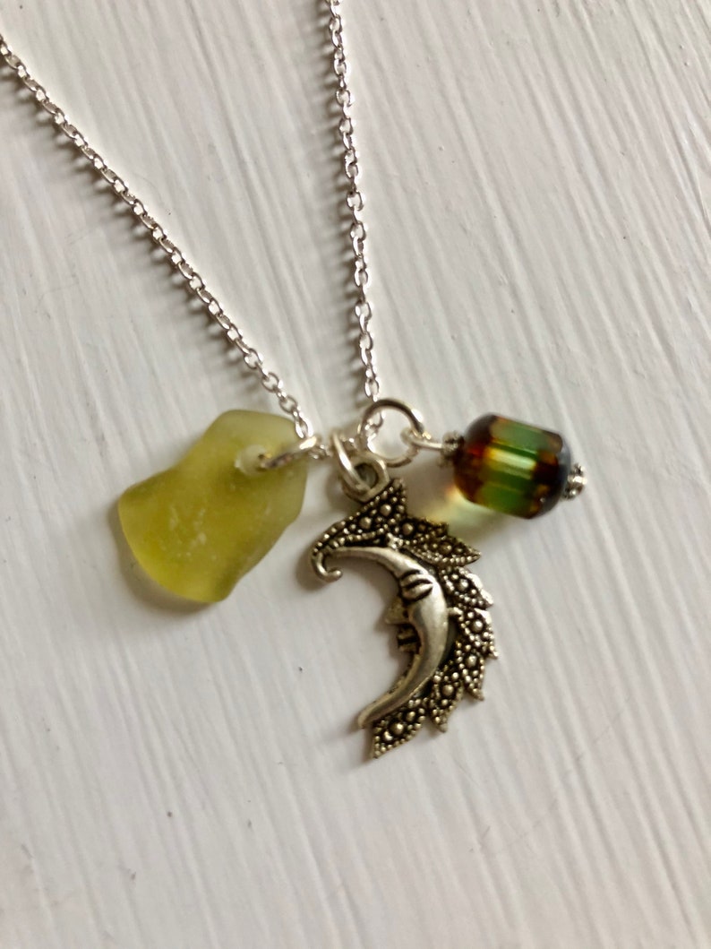 Moon Necklace with Rare Yellow Green Scottish Sea Glass Wicca Jewelry Crescent Moon Charm