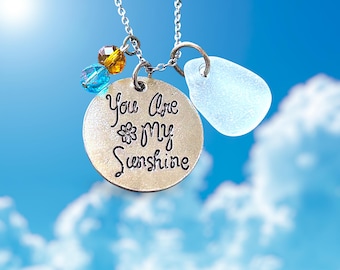 White Sea Glass Necklace – You Are My Sunshine Charm