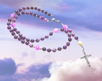 Scottish Rosary, Pink Stone Beads, Iona Marble, Silver Tone Crucifix
