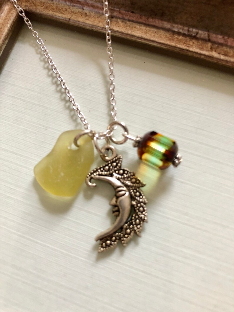 Moon Necklace with Rare Yellow Green Scottish Sea Glass Wicca Jewelry Crescent Moon Charm