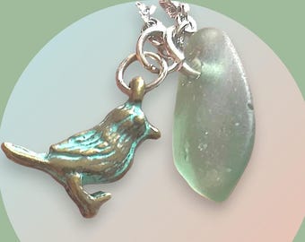 Green Scottish Sea Glass Necklace with Bird Charm