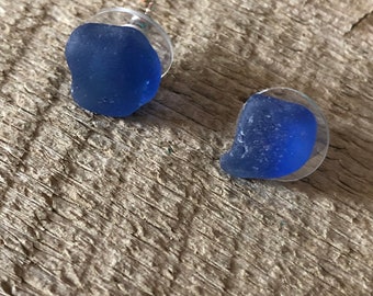 Dark Blue Scottish Sea Glass Earrings, Small Post earrings, Cobalt blue Beach Glass, Scottish Jewelry, Tiny Studs
