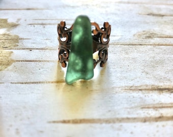 Green Scottish Sea Glass Ring – Adjustable Coppertone Filigree Band, Leven Beach Glass