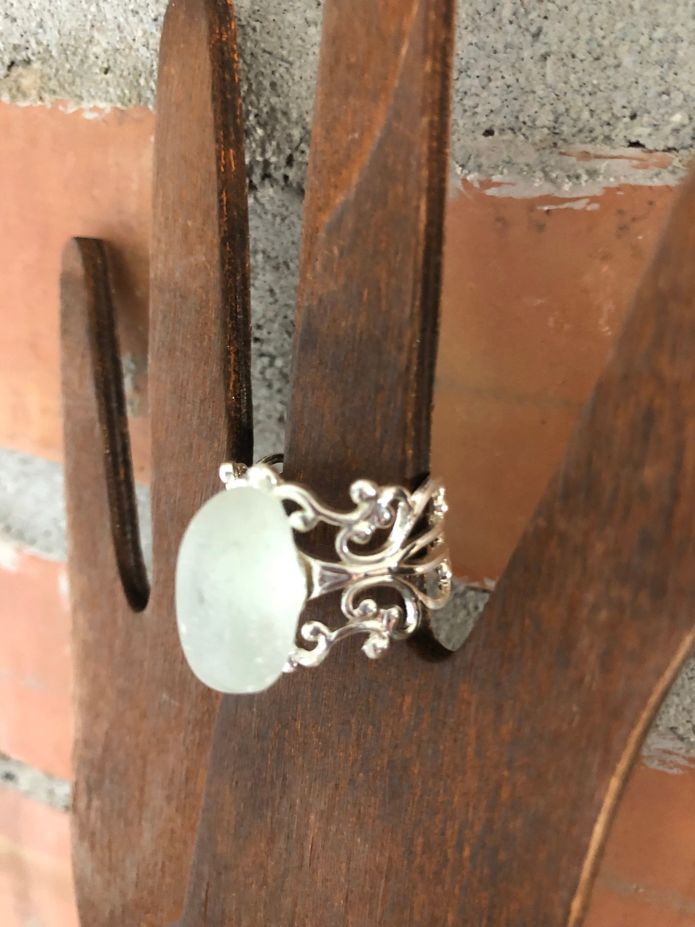 Scottish Sea Glass Ring in Aqua with Adjustable Silver Tone Band from Scotland