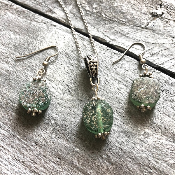 Roman Glass Jewelry Set, Ancient Glass Necklace and Earrings, Antique Beads in shades of Green, Gift for Her