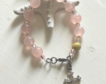 Pink Rose Quartz Rosary Bracelet: Scottish Iona Marble and Cross Charm-Healing Stone