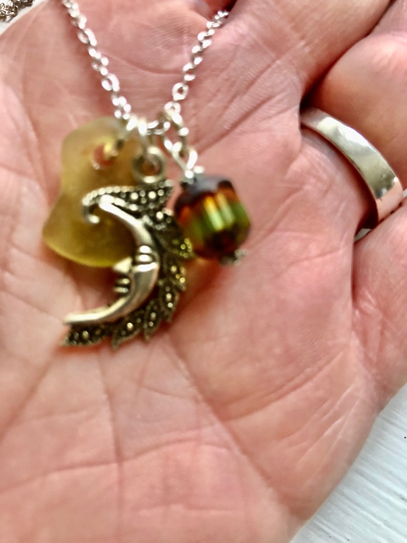 Moon Necklace with Rare Yellow Green Scottish Sea Glass Wicca Jewelry Crescent Moon Charm