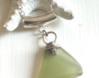 Scottish Sea Glass Necklace – Lime Green Glass with Silver Wire Wrap