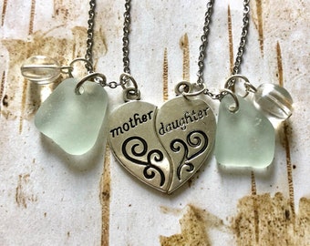 Mother and Daughter Necklaces with Aqua Green Scottish Sea Glass, Gift from Scotland, Green Beach Glass