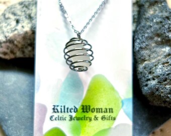 Scottish White Sea Glass Necklace – Silver Wire Wrapped Spiral Cage Pendant – Beach Glass Jewelry from Scotland