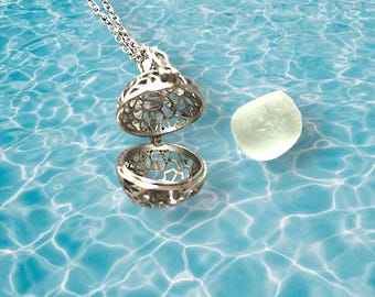 Scottish Sea Glass Locket Necklace – Aqua Glass – Silver Ball Pendant