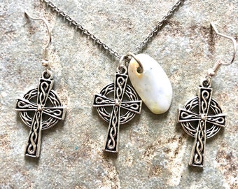 Celtic Cross Necklace and Earring Set with Scottish Iona Marble, Healing Stone, Scottish Gift, Infinity Heart Knot