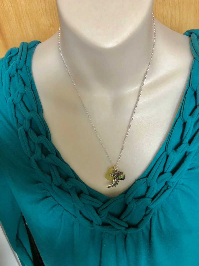 Moon Necklace with Rare Yellow Green Scottish Sea Glass Wicca Jewelry Crescent Moon Charm