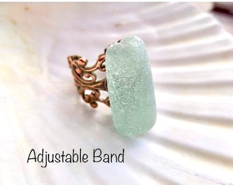 Aqua Sea Glass Ring: Adjustable Copper Tone Band, Scottish Beach Glass