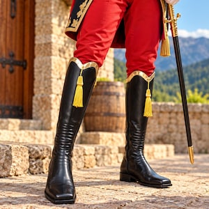 May include: Black leather knee-high boots featuring a square toe, a gold-trimmed top edge, and a decorative yellow tassel hanging from the front. The boots are worn with bright red trousers and a black jacket with gold embroidery.
