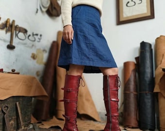 Handmade Red Leather Cavalier Boots – Medieval 5-Strap Buckle Footwear