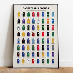 Puede incluir: Una impresión enmarcada titulada "BASKETBALL LEGENDS" que presenta una colección de camisetas de baloncesto. Cada camiseta tiene un número y el nombre del jugador. Las camisetas son de varios colores, incluyendo amarillo, rojo, azul y verde. La impresión está en un marco negro.