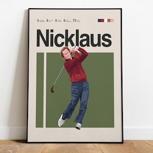 Puede incluir: Una impresión artística enmarcada que presenta una ilustración estilizada del golfista Nicklaus en pleno swing. La obra de arte incluye el nombre "Nicklaus" en letras negras grandes, con texto adicional y bloques de color en la parte superior. El golfista viste una camisa roja y pantalones azules.