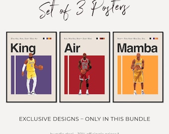 Basketball Poster Set of 3 – Printable Wall Art Bundle, Exclusive Sports Posters, Basketball Gallery Wall Prints, Lebron James, Kobe Bryant