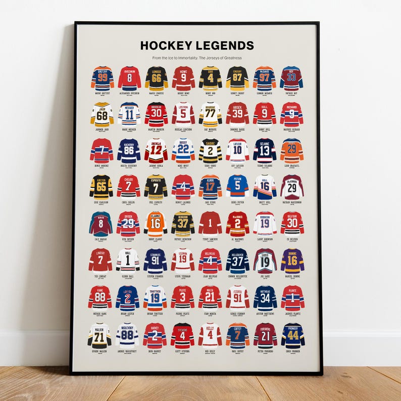 Minimalist hockey poster featuring legendary jerseys arranged in a clean modern grid.