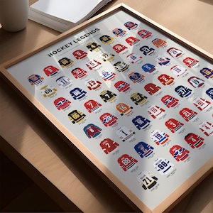 Printable hockey poster showcasing famous jerseys in contemporary illustration style.