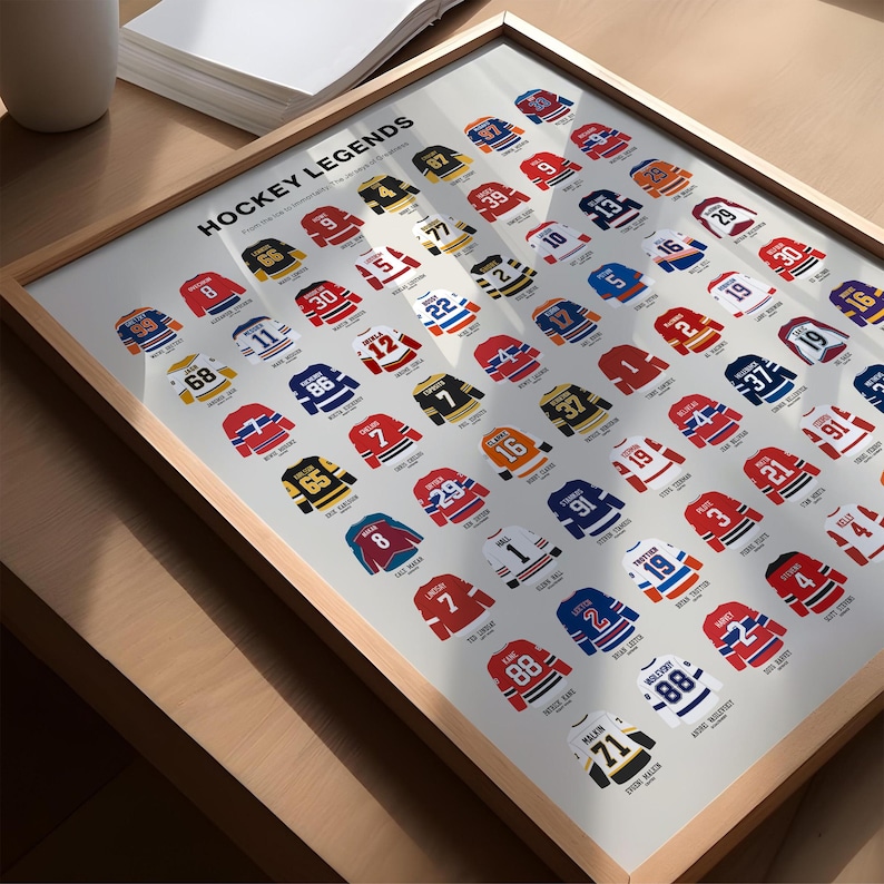 Printable hockey poster showcasing famous jerseys in contemporary illustration style.