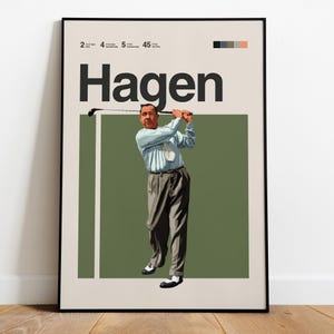 Pôster de Walter Hagen, pôster de golfe, arte de parede de golfe moderna de meados do século PGA Tour para escritório, quarto, presentes de golfe