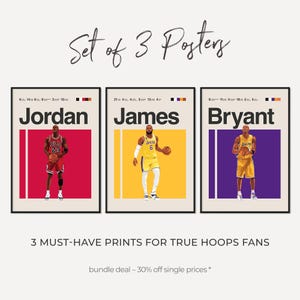Könnte beinhalten: Set mit 3 Basketball-Postern mit Jordan, James und Bryant. Jedes Poster hat ein minimalistisches Design mit einer Spielerillustration und einem Farbblock-Hintergrund. Der Text lautet "3 MUST-HAVE PRINTS FOR TRUE HOOPS FANS".