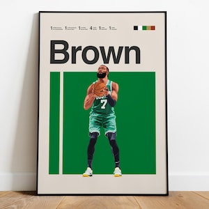 Puede incluir: Póster enmarcado con un jugador de baloncesto con camiseta verde sosteniendo un balón. La palabra "Brown" destaca sobre el jugador. El fondo es verde con líneas verticales blancas, y el póster tiene un marco negro.