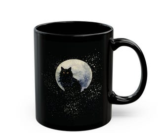 Black Cat Moon Coffee Mug: Spooky Gothic Halloween Cat Lover Gift