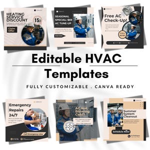 Pode incluir: Um conjunto de modelos HVAC editáveis, apresentando várias ofertas de serviços. Cada modelo apresenta imagens de técnicos de HVAC, detalhes do serviço e chamadas para ação. Os modelos são totalmente personalizáveis e prontos para Canva.